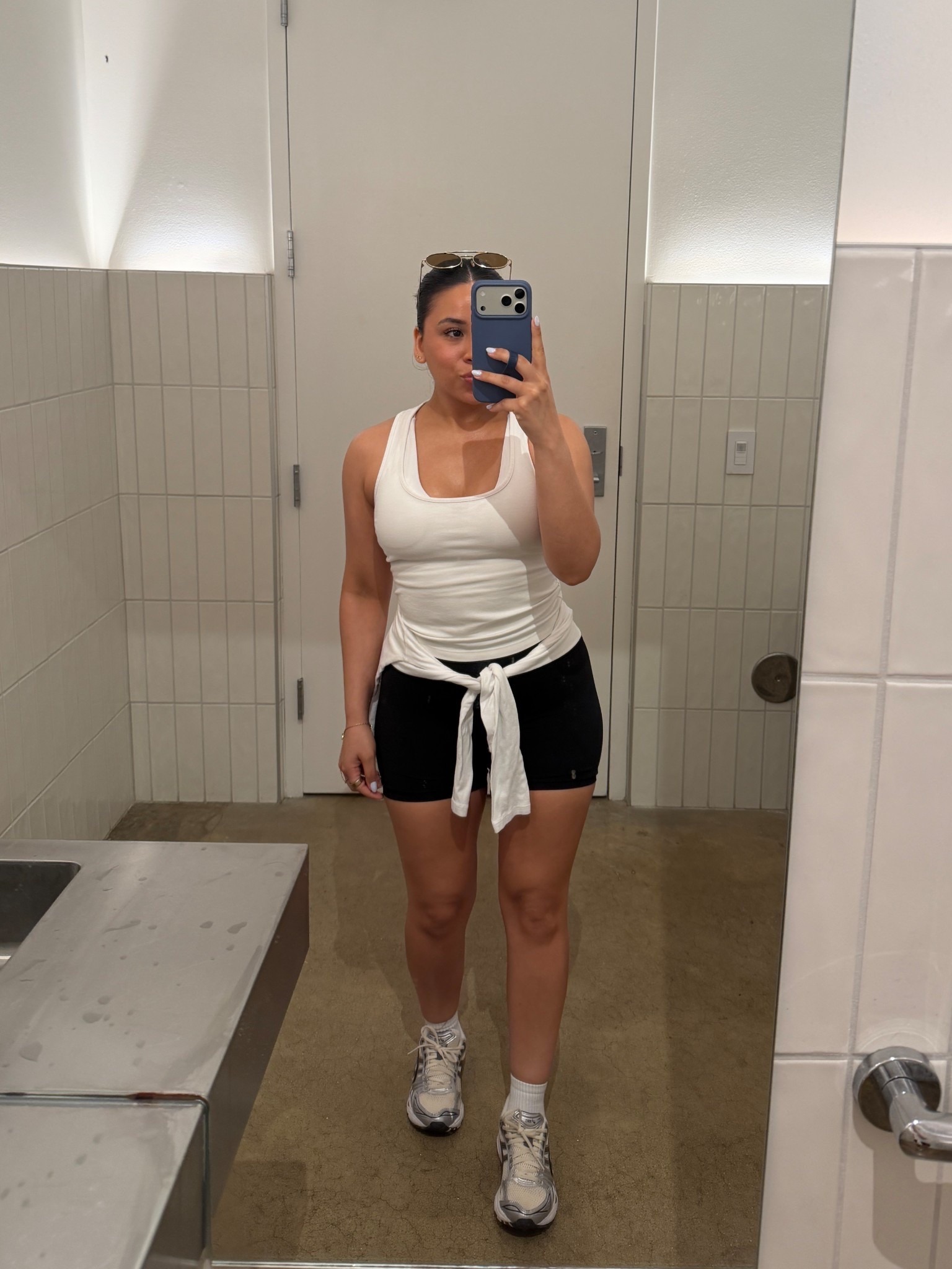 Tank: small
Sports bra: small
Biker shorts: small
Long sleeve: small
Sneakers: 6.5 women 
White ankle socks 

#LTKgrwm #LTKootd #LTKActive