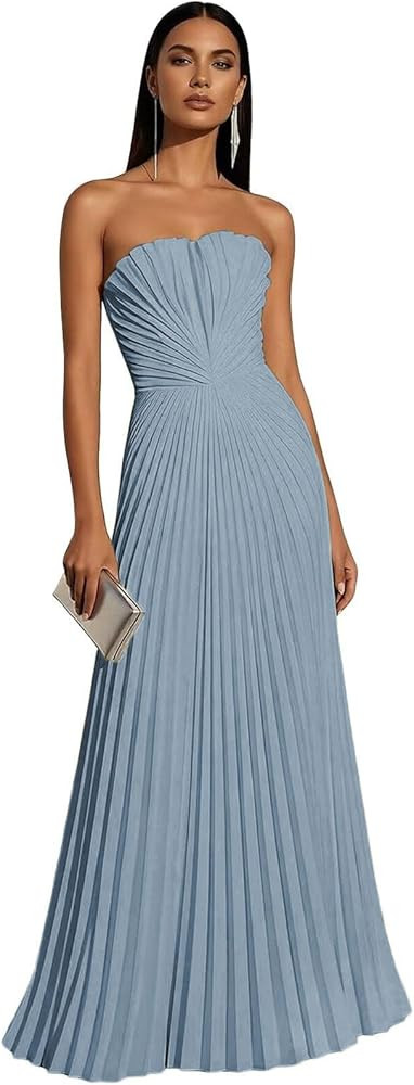 Strapless Chiffon Prom Dresses 2026 Long Pleated Flowy A Line Formal Wedding Guest Maxi Dress for... | Amazon (US)