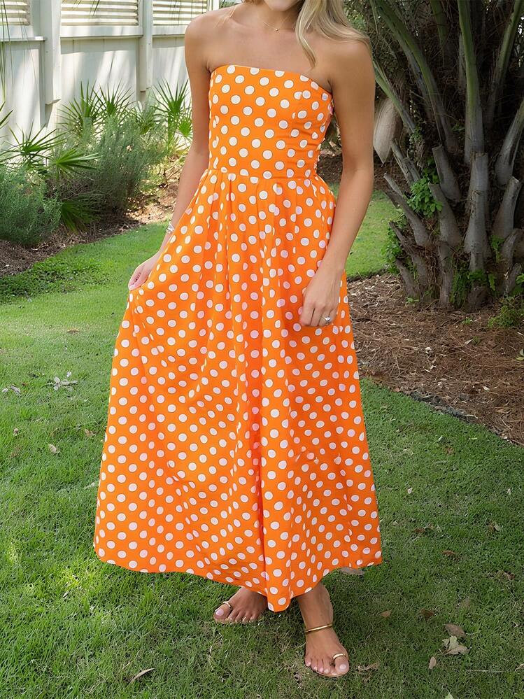 Women Summer Fall Dot Print Strapless Dress Off Shoulder Sleeveless A-Line Long Dress With Pockets For Daily Travel Party | SHEIN