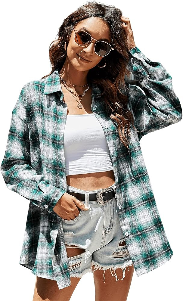 SweatyRocks Women's Long Sleeve Collar Long Button Down Plaid Shirt Blouse Tops | Amazon (US)