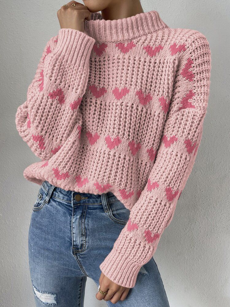 Heart Pattern Drop Shoulder Ribbed Knit Sweater | SHEIN