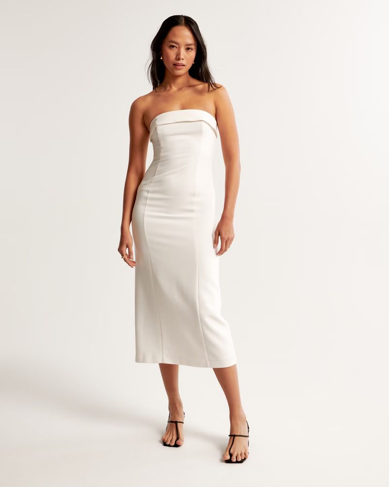 Women's Strapless Tailored Midi Dress | Women's New Arrivals | Abercrombie.com | Abercrombie & Fitch (US)
