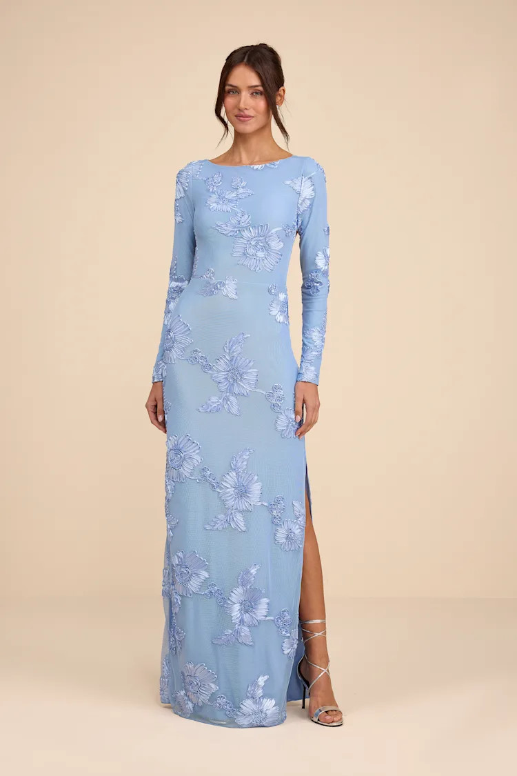 Josephine Light Blue Floral Applique Mesh Maxi Dress | Lulus