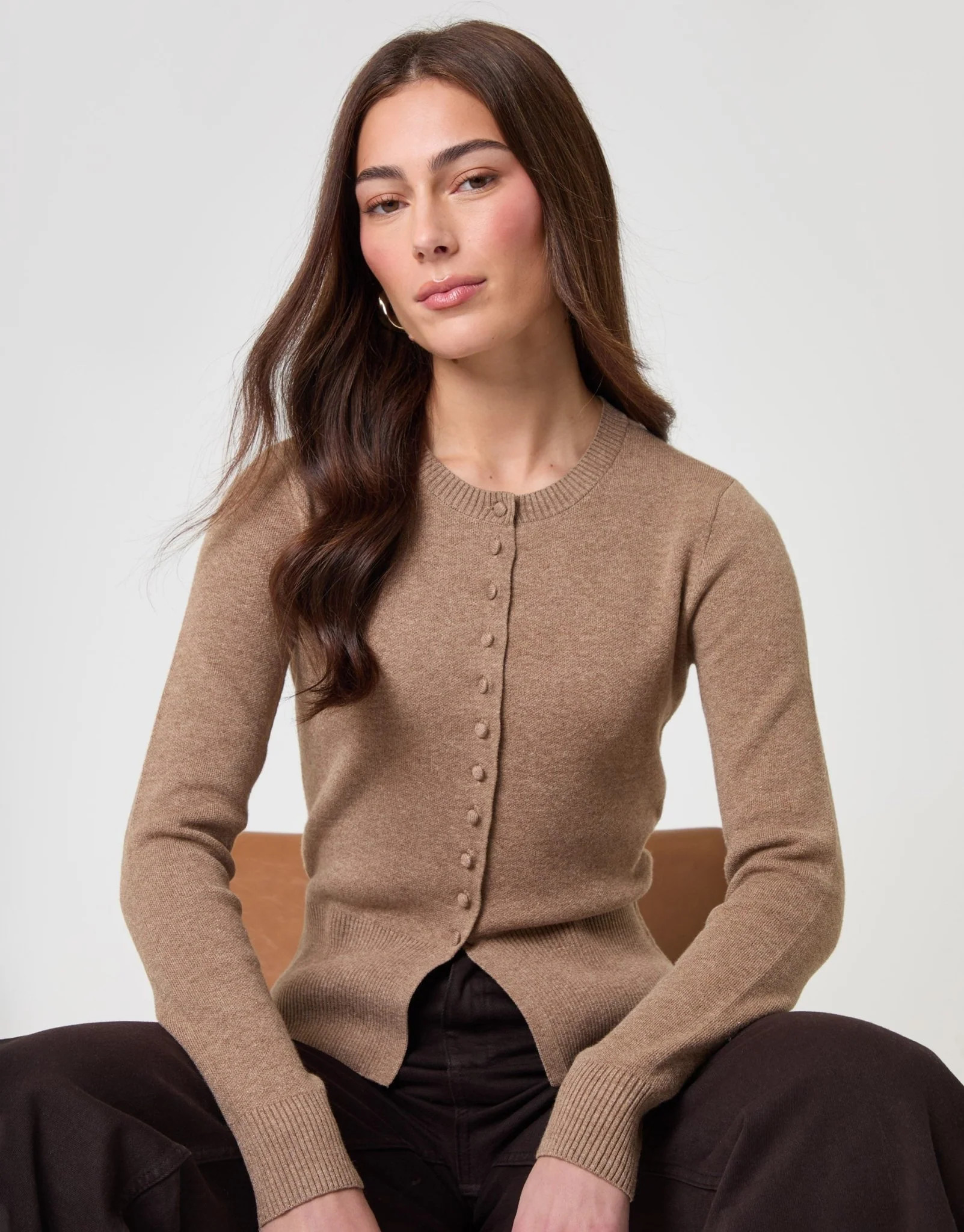 Crew Neck Compact Knitted Cardigan in Beige | Threadbare UK