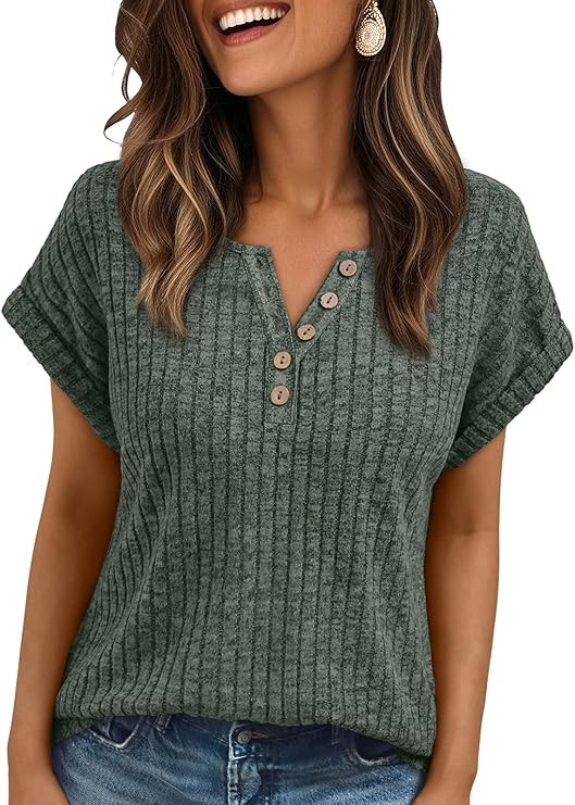 Women Tops Summer Sweaters Short Sleeve V Neck Henley Shirts Spring Dressy Button Blouses | Amazon (US)