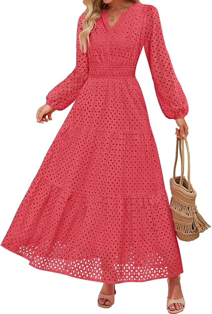 ZESICA Women's 2026 Spring Long Sleeve Maxi Dress V Neck Hollow Out Eyelet A Line Long Flowy Casu... | Amazon (US)