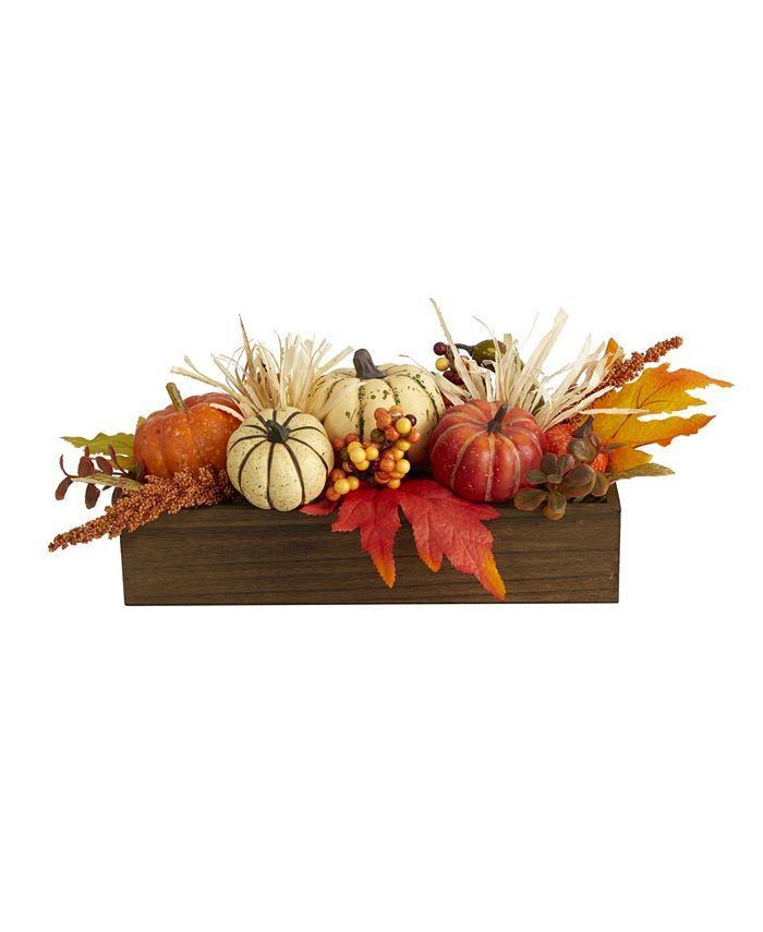 Nearly Natural Harvest Pumpkin and Berries Artificial Arrangement in Wood Vase & Reviews - Artifi... | Macys (US)