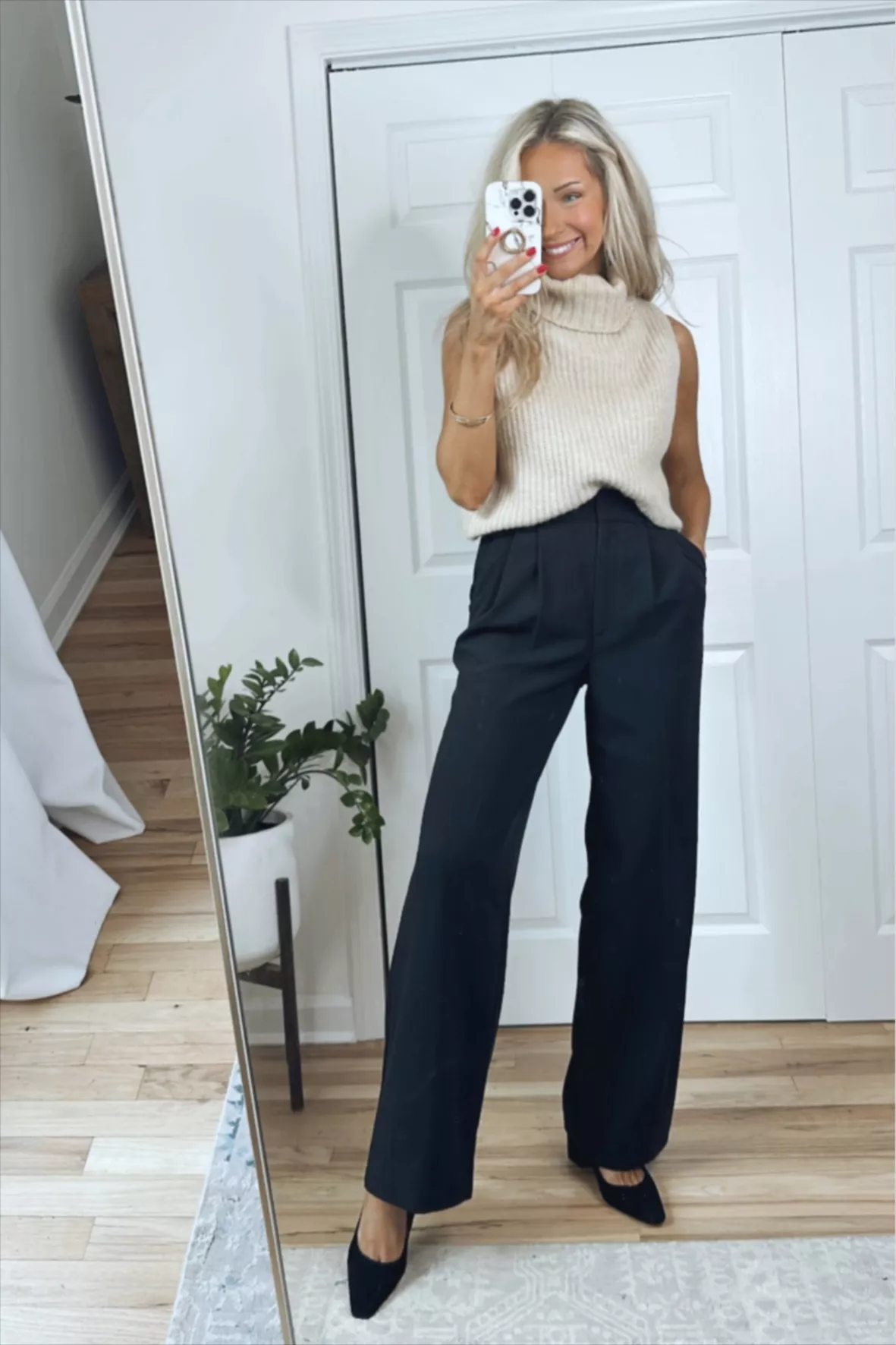 Sleeveless Turtleneck with Wide Leg Pants Outfits (2 ideas