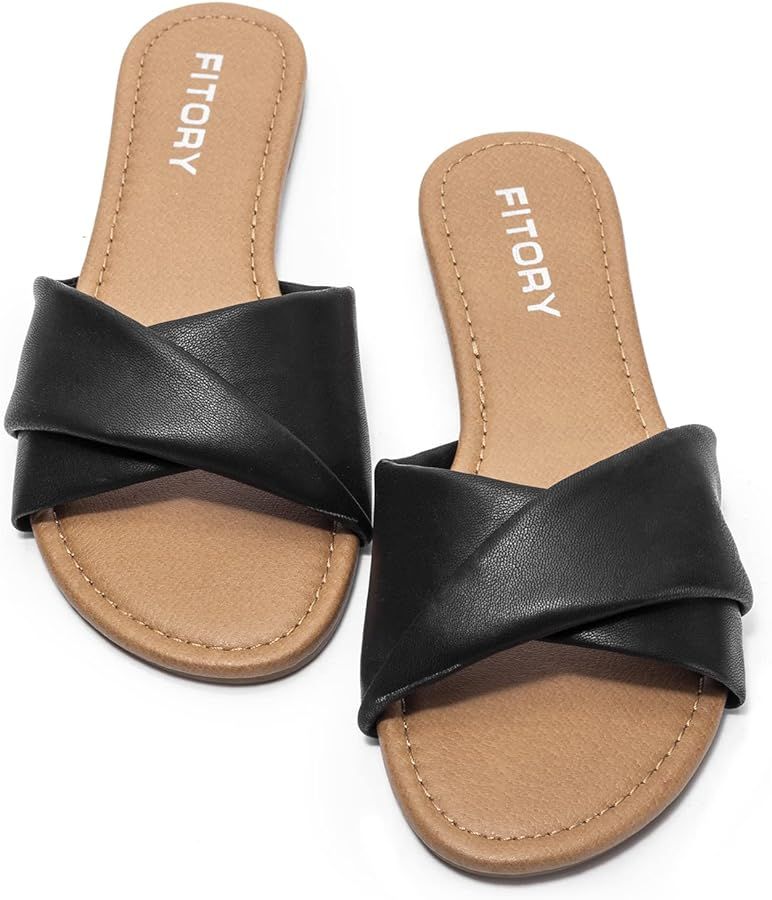 FITORY Women's Flat Sandals Fashion Slides With Soft Leather Slippers for Summer Size 6-11 | Amazon (US)