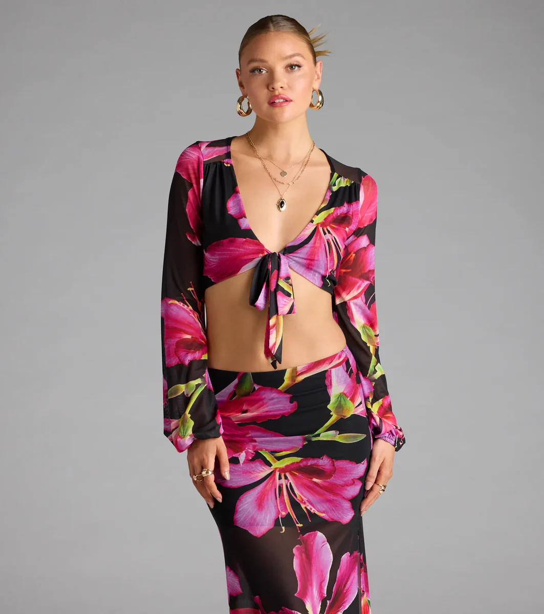 Vacay Queen Tropical Floral Mesh Tie-Front Top | Windsor Stores