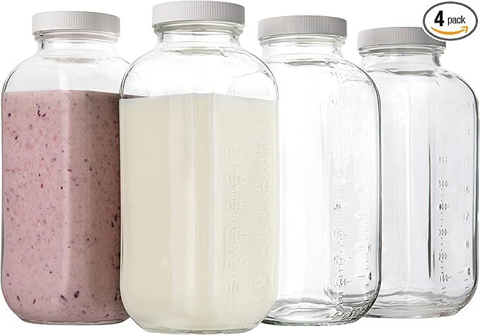 kitchentoolz 32oz Square Glass Milk Bottle with Plastic Airtight Lids, Reusable Dairy Drinking Co... | Amazon (US)
