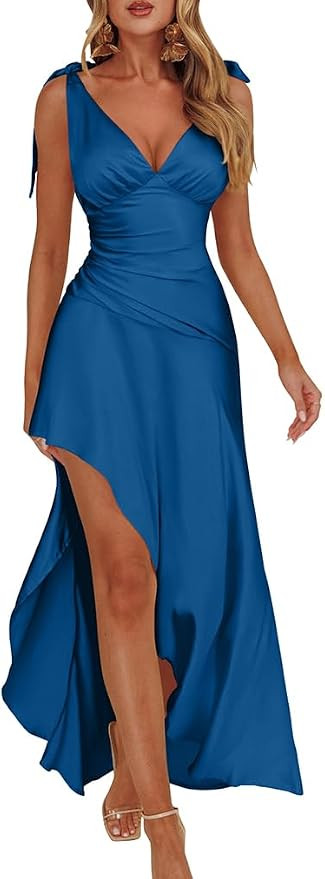 LAGSHIAN Women's Summer V Neck Sleeveless Bodycon Ruched Irregular Hem Cocktail Party Satin Flowy... | Amazon (US)