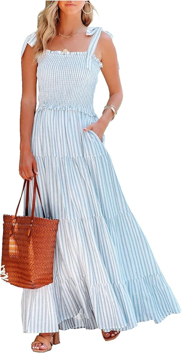R.Vivimos Women's Summer Cotton Adjustable Straps Boho Stripe Casual Flowy A Line Midi Dress with Po | Amazon (US)