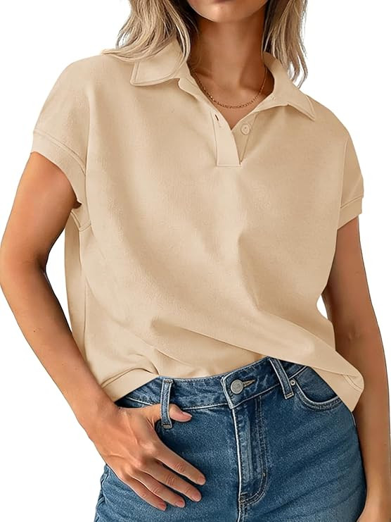 Tankaneo Womens Cap Sleeve Polo Shirts Summer V Neck Collared Tops Casual Loose Fit Boxy Tees | Amazon (US)