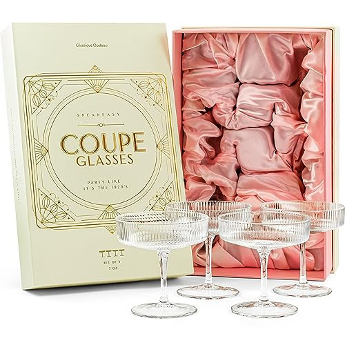 Vintage Art Deco Coupe Glasses | Set of 4 | 7 oz Classic Cocktail Glassware for Champagne, Martini, Manhattan, Cosmopolitan, Sidecar | Crystal Speakeasy Style Saucer Goblets with Stems | Amazon (US)