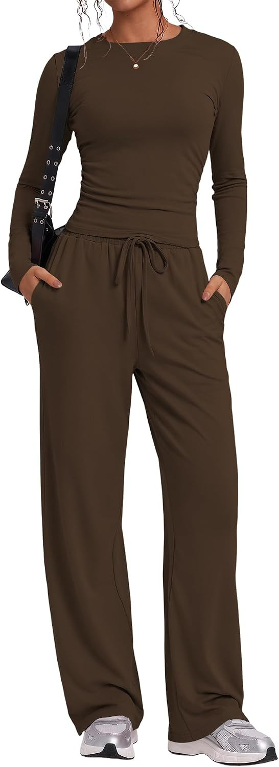 LOMON Women's 2 Piece Wide Leg Pants Matching Lounge Set Long Sleeve Top | Amazon (US)