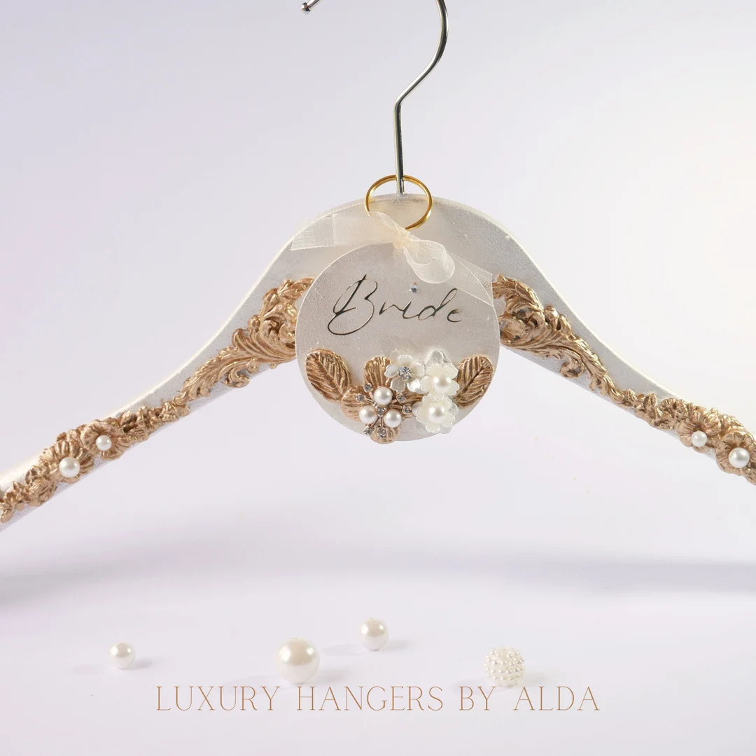 Large Gold Pearl Embellished Wedding Dress Hanger With Personalised Tag, Bridal Hanger With Satin... | Etsy (US)