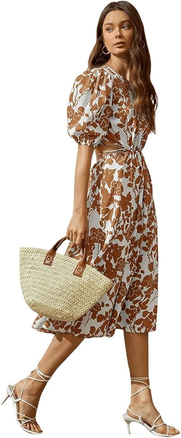 SweatyRocks Women's Boho Floral Puff Sleeve Cut Out Dress Tie Back A Line Midi Dresses | Amazon (US)