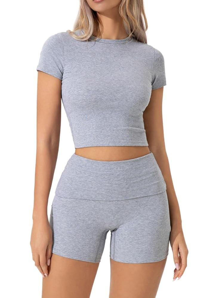 QINSEN Women's 2 Piece Outfits Lounge Sets Slim Fitted Short Sleeve Crop Tops Fold Over Shorts Ca... | Amazon (US)