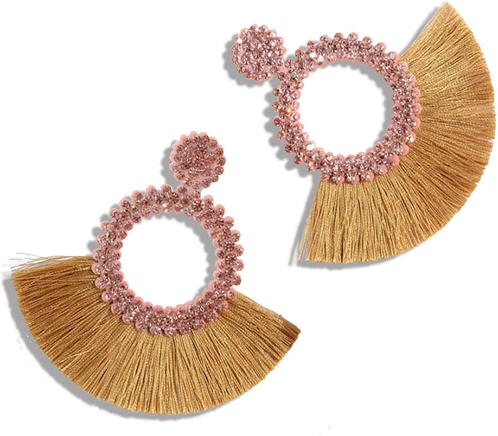 D.Rosse Handmade Bohemian Tassel Crystal Statement Drop Dangle Earrings for Women Girls Hoop Frin... | Amazon (US)