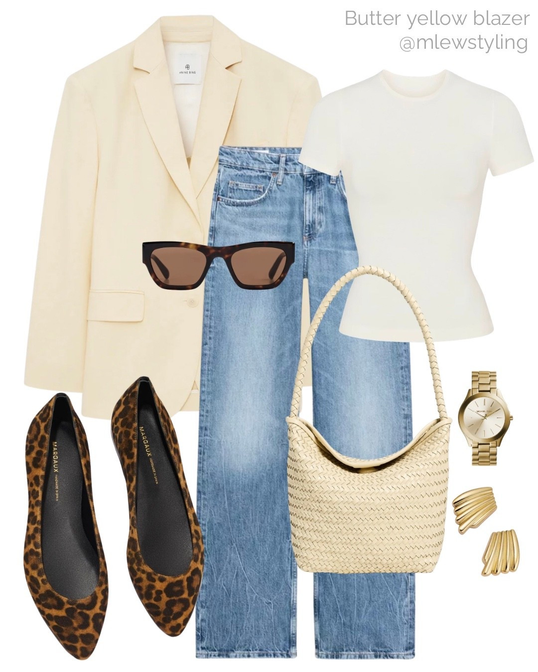 Spring work outfit with a butter yellow blazer 🧈

Tags: casual workwear, office outfit, anine bing oversized blazer, Madewell leather bag, skims t-shirt, Margaux nyc leopard print ballet flats, Michael kors gold watch, capsule wardrobe, neutral aesthetic, zara straight leg jeans 

#LTKgrwm #LTKootd #LTKWorkwear