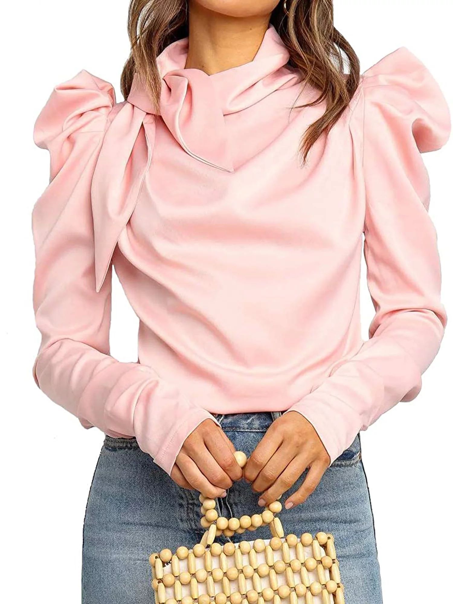 Bebiullo Womens Bow Tie Neck Long Puff Sleeve Casual Office Work Satin Blouse Shirts Tops | Walmart (US)