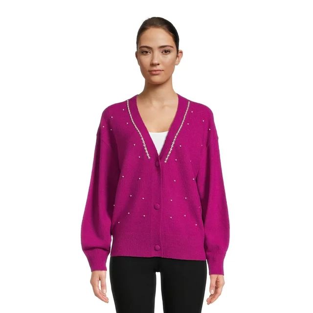 99 Jane Street Women's V-Neck Embellished Button Front Cardigan with Long Sleeves, Sizes S-3XL | Walmart (US)