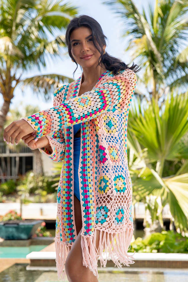 One Last Day Multi Crochet Fringe Hem Cardigan | Pink Lily