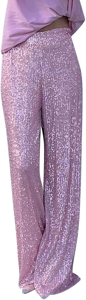 ODIZLI Womens Wide Leg Sparkle Sequin Pants Elastic High Waisted Bling Glitter Dance Pants | Amazon (US)