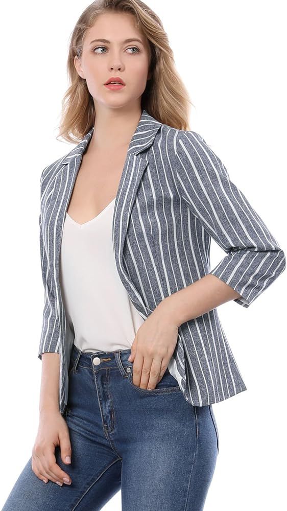 Allegra K Women's Striped 3/4 Sleeves Open Front Notched Lapel Blazer | Amazon (US)