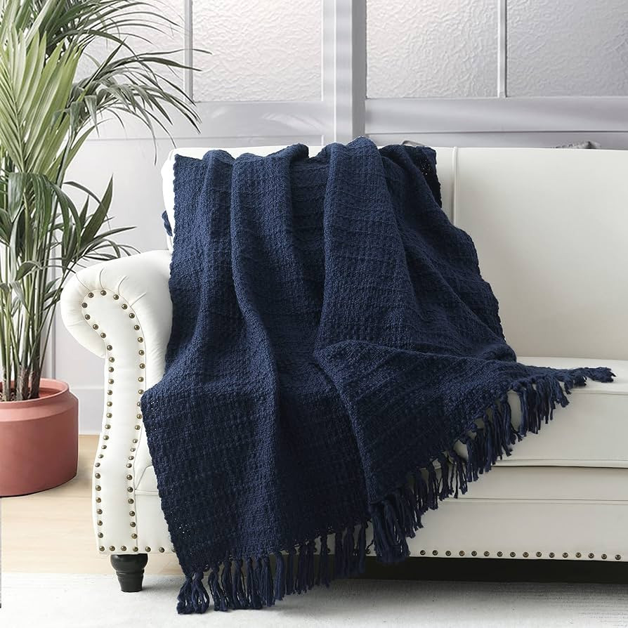 Chunky Knit Throw Blanket, Navy Blue Soft Warm Cozy Bed Blanket with Tassels, Boho Style Textured... | Amazon (US)