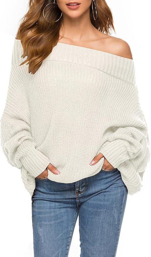 GOLDSTITCH Women's Off Shoulder Batwing Sleeve Loose Oversized Pullover Sweater Knit Jumper | Amazon (US)