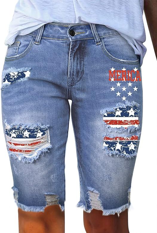Sidefeel Women Bermuda Shorts Denim Destroyed Raw Hem Shorts Jeans | Amazon (US)
