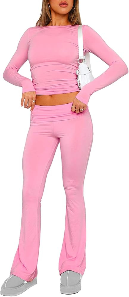 ZREQV Two Piece Outfits for Women Y2K Lounge Sets 2 Piece Long Sleeve Slim Fit Crop Top Low Rise ... | Amazon (US)