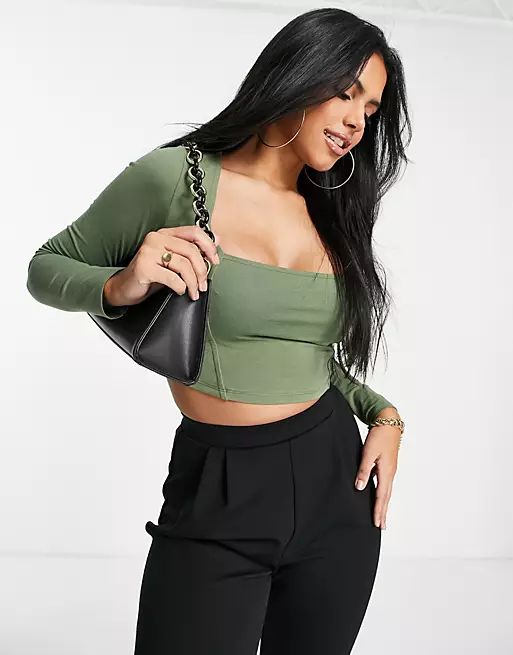 ASOS DESIGN Hourglass square neck crop top with seam detail in khaki | ASOS (Global)