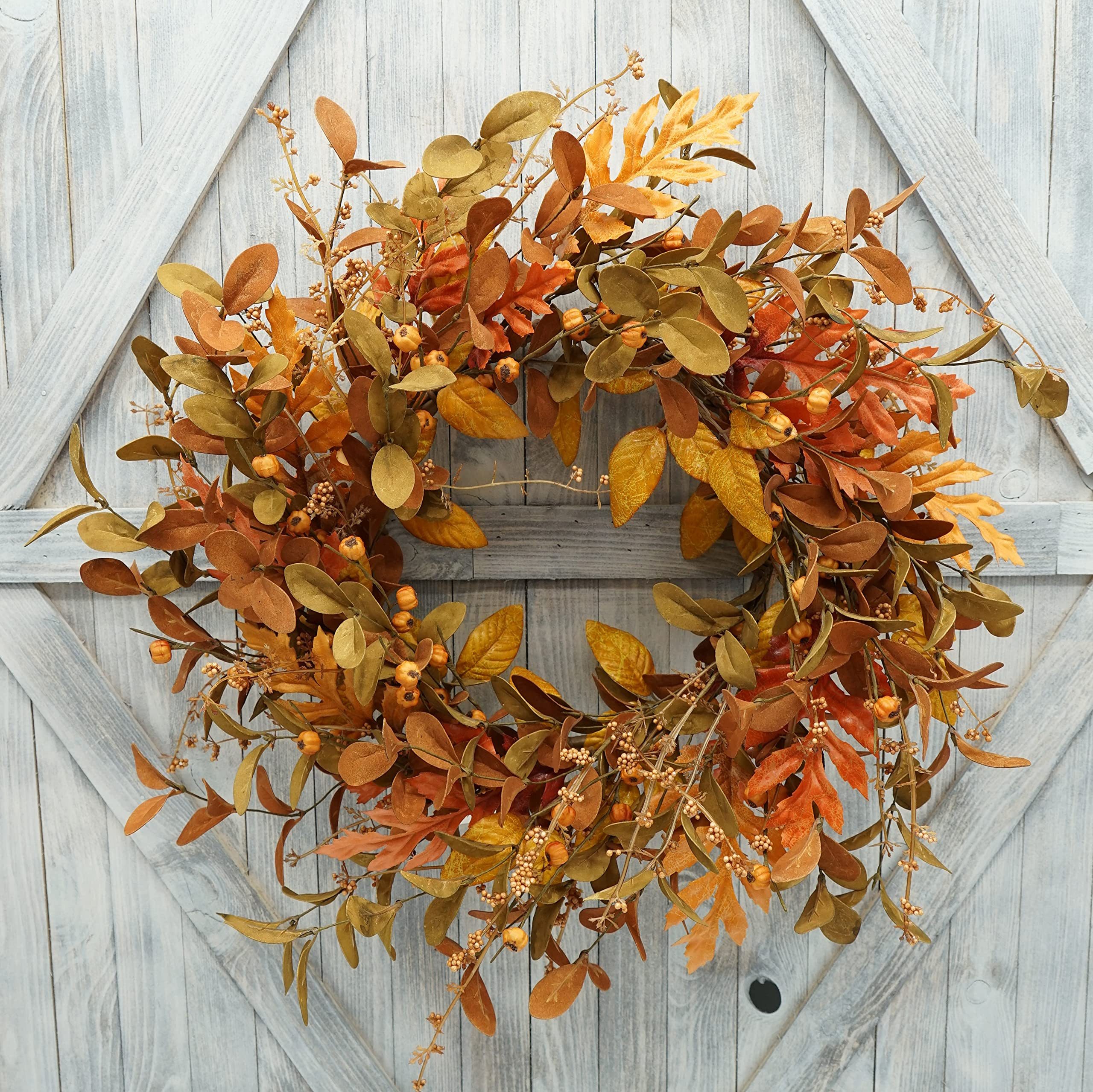Artificial Fall Wreath for Front Door Autumn Wreath with Bright Oak Leaves,Small Pumpkin,Berry Br... | Amazon (US)