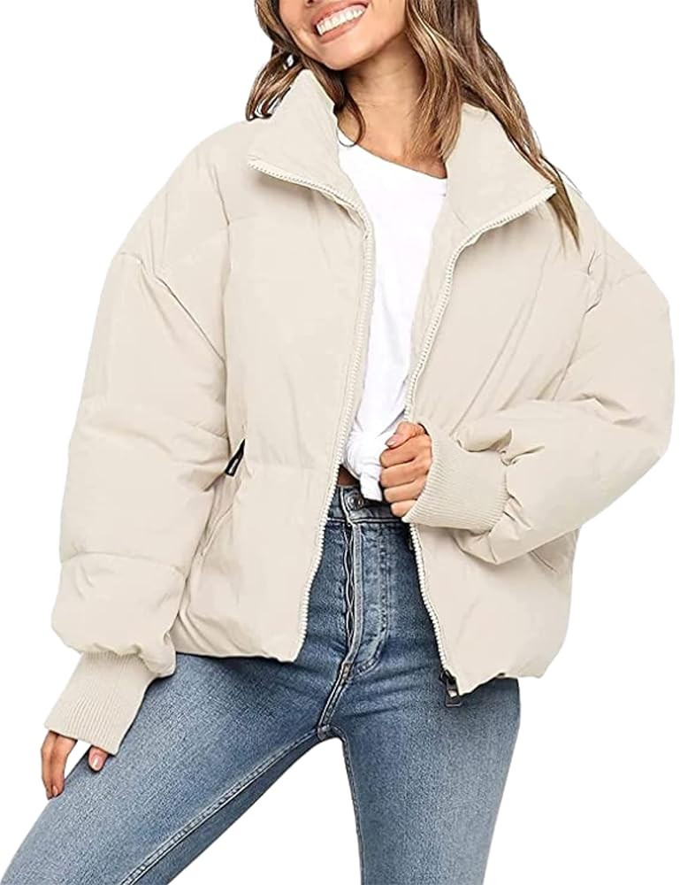 InterNos Women's Winter Stand Collar Zip Puffer Jacket Baggy Short Padded Down Coats | Amazon (US)