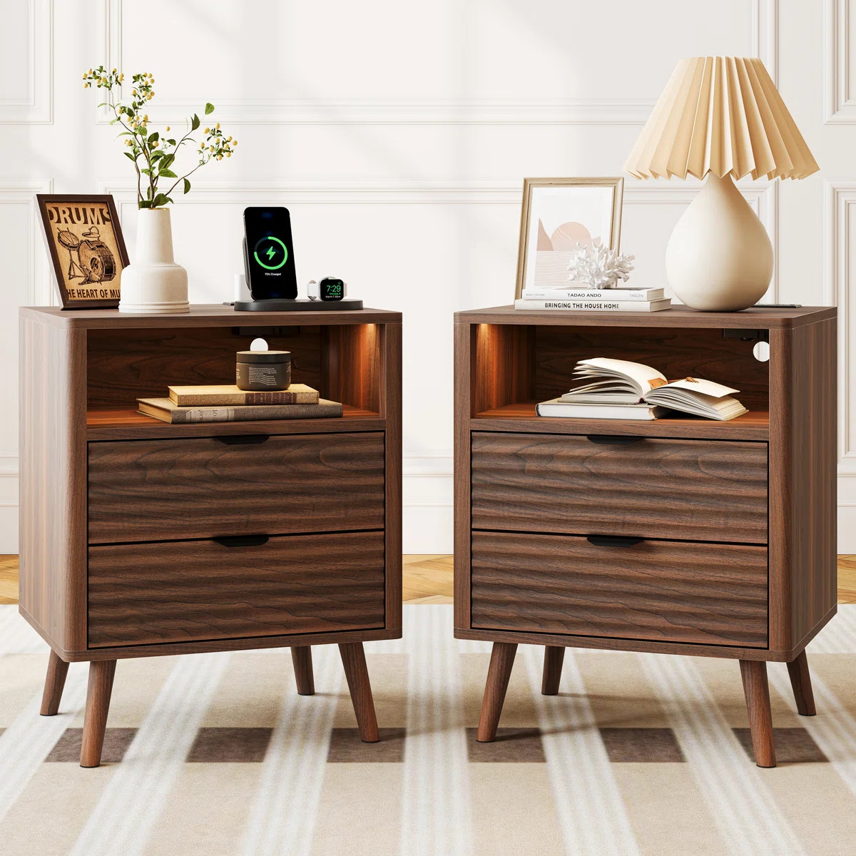 19.7" Nightstand With 2 Drawers & Open Shelf, Bedside Table With LED Lights & Outlets, End Table ... | Wayfair North America