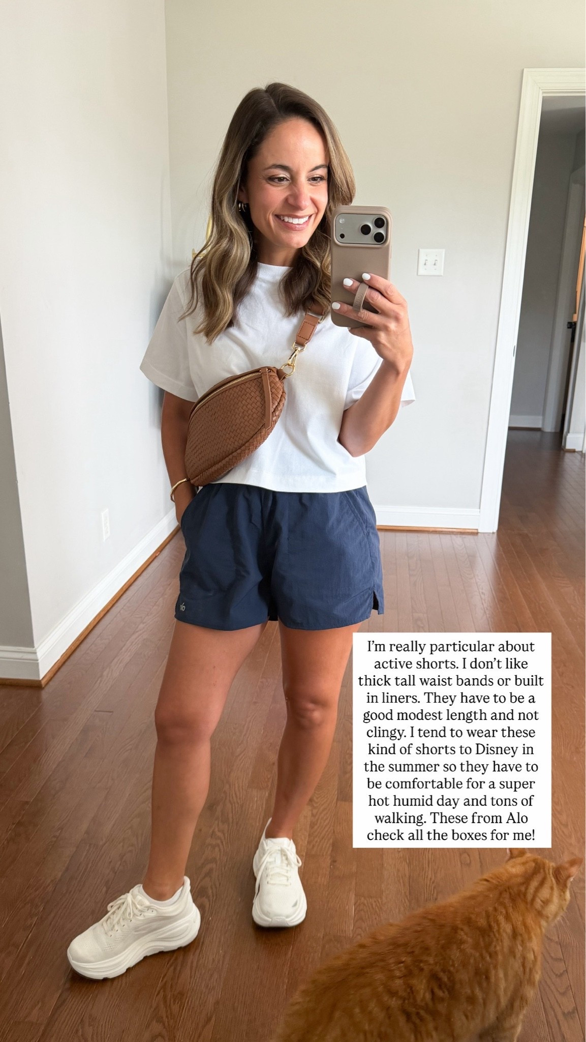 Comfortable casual outfits I’ve been wearing lately! 

Shorts (Alo): xxs 
Top (Lululemon): xs 
Shoes (Hoka): true to size