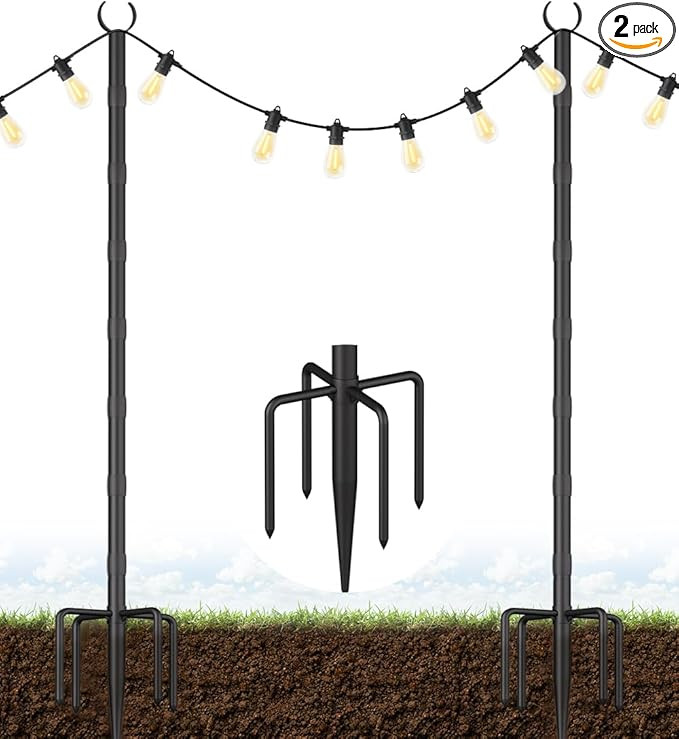 10Ft String Light Poles for Grass & Soil, Outdoor Light Stand with 5-Prong Fork Base, Heavy-Duty ... | Amazon (US)