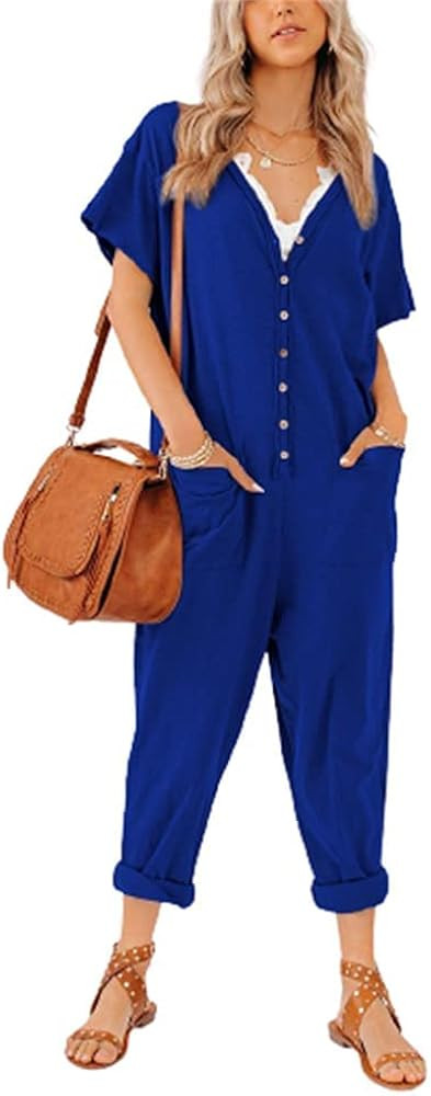 Aoysky Oversize Women's Onesies Button Up Jumpsuit Casual Loose Short Sleeve V Neck Onesies Rompers  | Amazon (US)