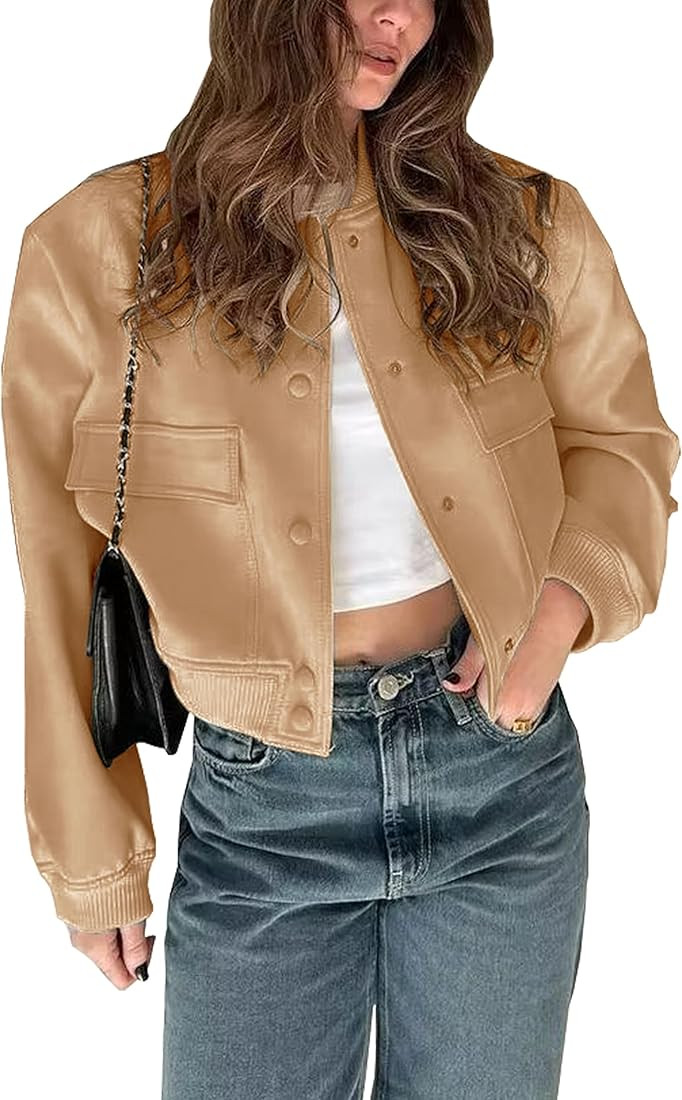 Womens Cropped Bomber Jacket Button Down Varsity Jackets Shackets With Pockets | Amazon (US)