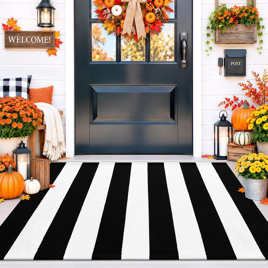 OLANLY Fall Door Mat, Black and White Striped Halloween Rug, 2'4" x 3'7" | Amazon (US)