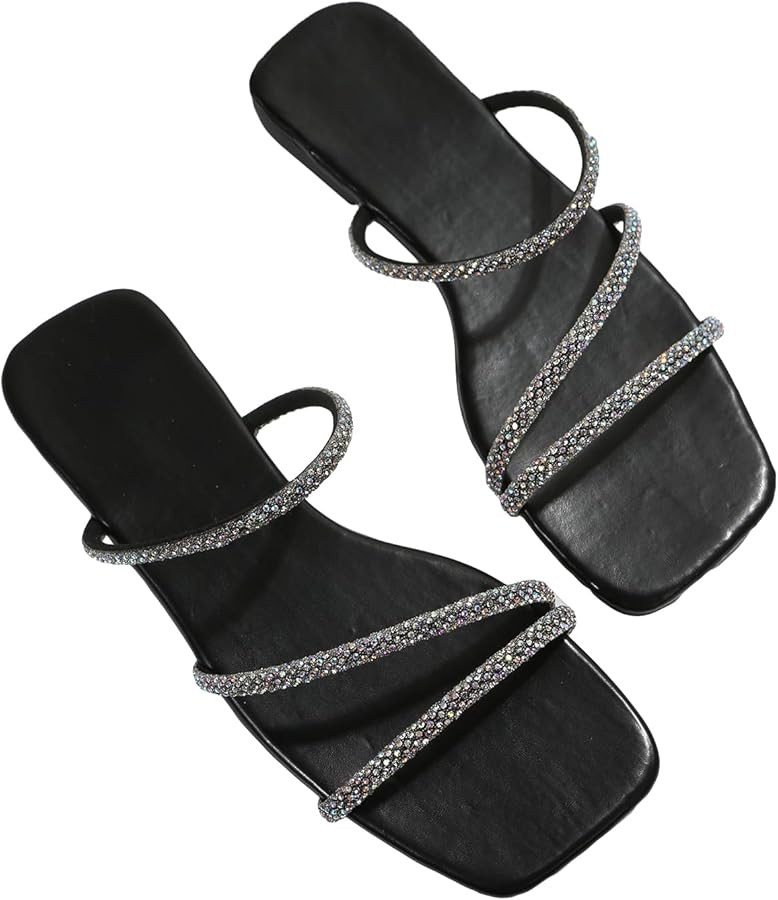GORGLITTER Women's Rhinestone Flat Sandals Strappy Slip on Open Toe Slide Sandals | Amazon (US)