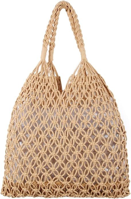 Oweisong Women Straw Travel Beach Bag Handmade Woven Fishing Net Handbag Tote Summer Weave Rattan... | Amazon (US)