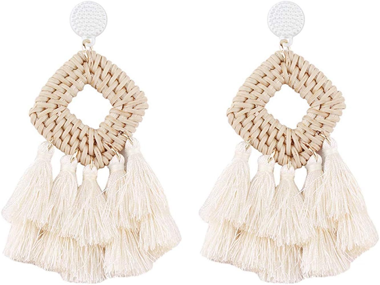 Handmade Long Tassel Earrings Rattan Knit Fringe Geometric Square Round Statement Dangle Drop Ear... | Amazon (US)