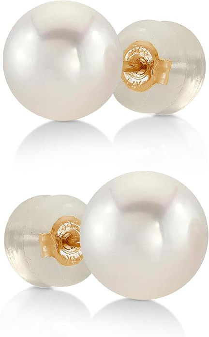 THE PEARL SOURCE Round White Freshwater Real Pearl Earrings for Women - 14k Gold Stud Earrings | ... | Amazon (US)
