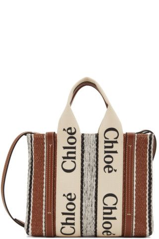 Off-White & Brown Linen Striped Small Woody Tote | SSENSE