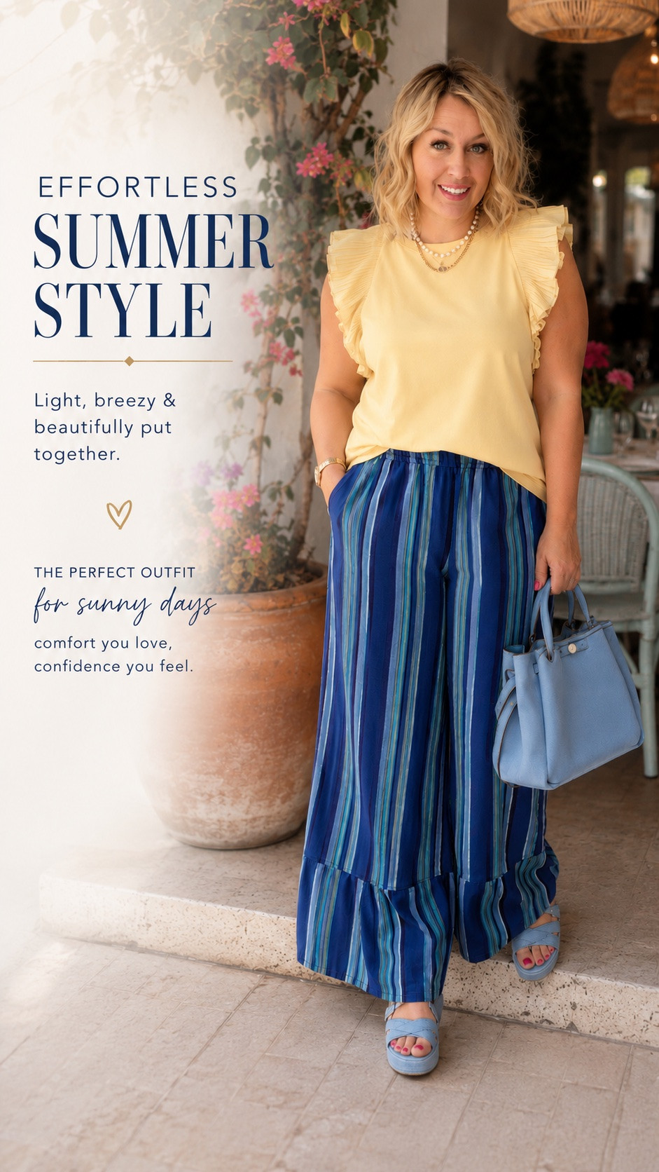 Sunny colors, breezy fabrics, and a little touch of fun. 💛💙
This outfit feels like summer in the best way—comfortable enough for everyday wear, but polished enough for lunch with friends or a weekend getaway. The soft yellow ruffle top paired with the striped wide-leg pants creates an effortless look that’s cheerful, flattering, and easy to wear at any age.
-￼ midsize fashion over 50, summer outfit inspiration, women over 50 style, yellow ruffle top, striped wide leg pants, casual chic outfit, resort wear fashion, vacation style ideas, comfortable summer fashion, everyday elevated style, midsize outfit ideas, colorful summer looks, feminine fashion over 50, effortless summer style, mature fashion influencer