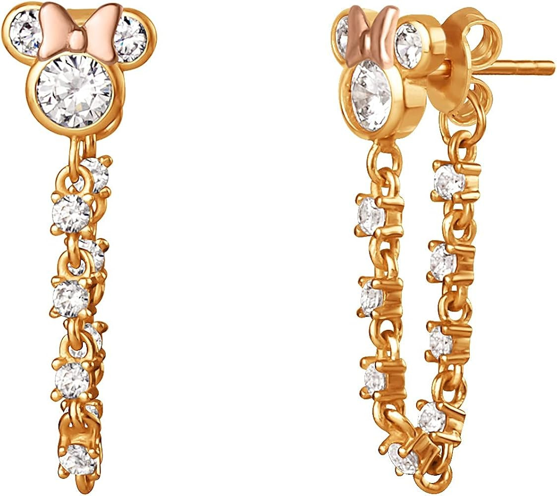 Disney Mickey and Minnie Mouse Gold Plated Sterling Silver Cubic Zirconia Chain Link Dangle Earri... | Amazon (US)